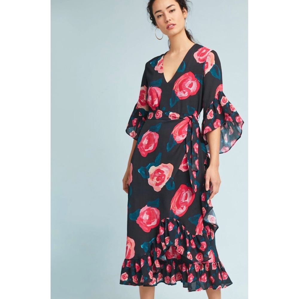 Anthropologie Bl_nk London Verona Wrap Maxi Dress Floral Ruffle Sz M Wedding
